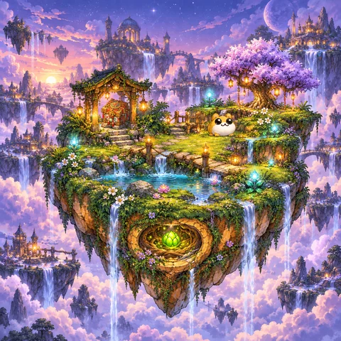 A violet-sky floating garden filled with waterfalls, flowers, and glowing temple lights