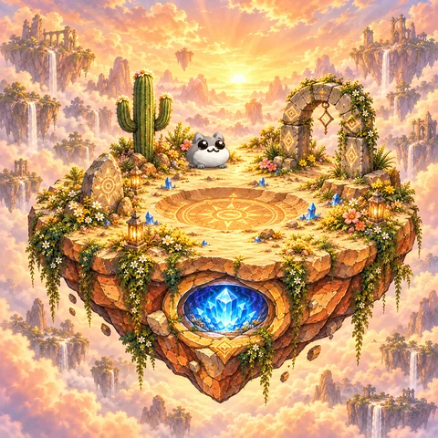 Imagined land #0334: A golden desert garden with cacti, an ornate gateway, and a glowing blue core