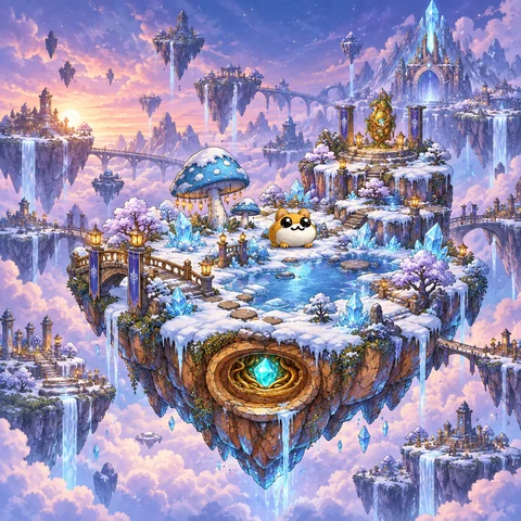 An imagined snow-covered island with ice-blue mushrooms and a crystalline castle