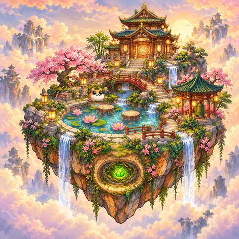 Imagined land #0717: A floating garden with cherry blossoms, a red bridge, waterfalls, and a golden temple