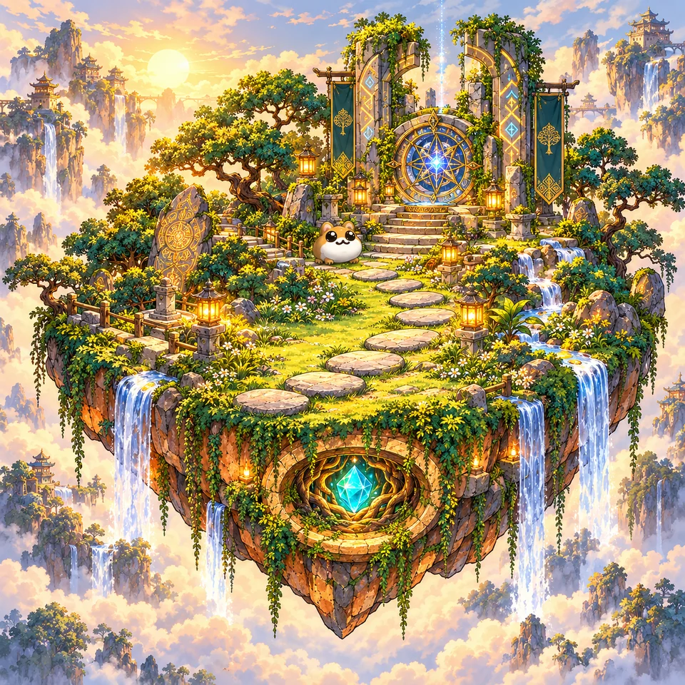 Imagined Deed #0883: a lush floating island with stepping stones leading to a golden gateway, waterfalls, and a turquoise core