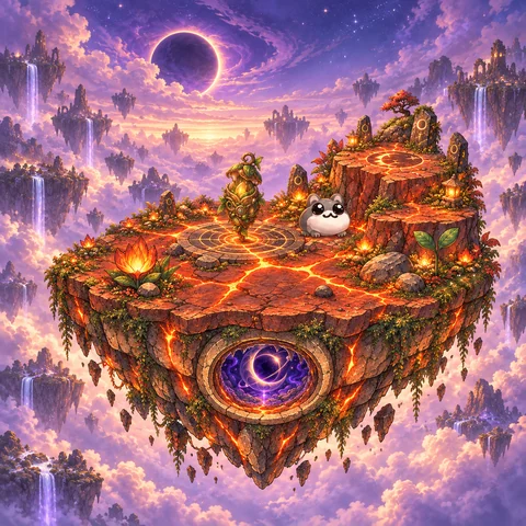 A moonlit volcanic island with glowing lava, lanterns, and a red-roofed temple