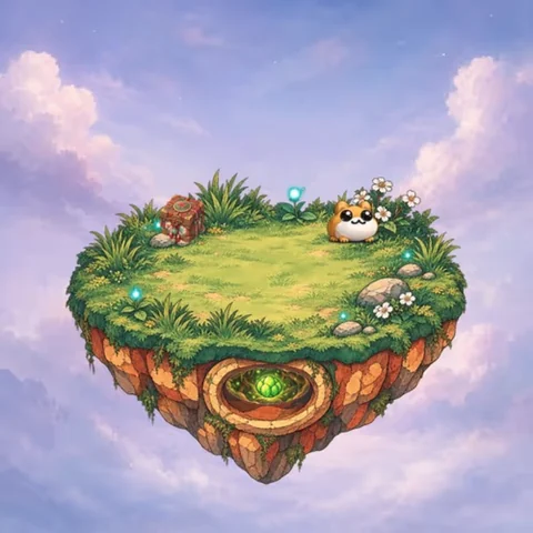 Original NFT #0118: A small grassy floating island beneath violet clouds with a stump and a tiny Keeper