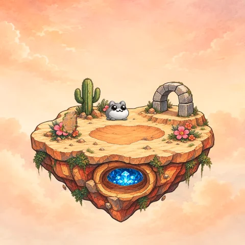 Original NFT #0334: A sandy floating island with a cactus, a stone shelter, and a blue core