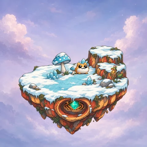 Original NFT #0699: A snowy floating island with blue mushrooms, an icy ledge, and an orange core