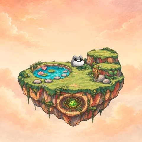 Original NFT #0717: A floating grassy island with a lotus pond, a small gray Keeper, a staff, and a green core