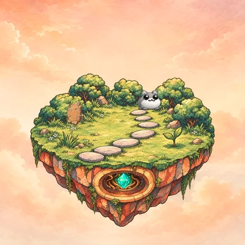 Original Deed #0883: a small floating green island with stepping stones, trees, and a luminous core