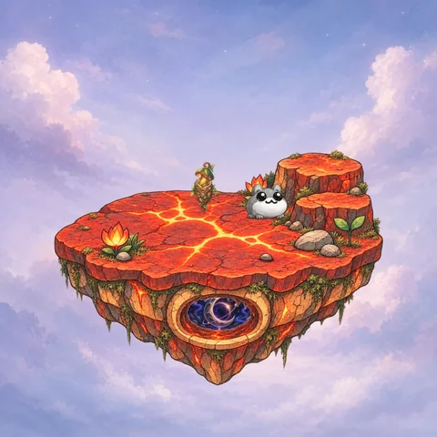 Original NFT #0889: A floating lava island beneath violet clouds with a red Keeper and a dark purple core