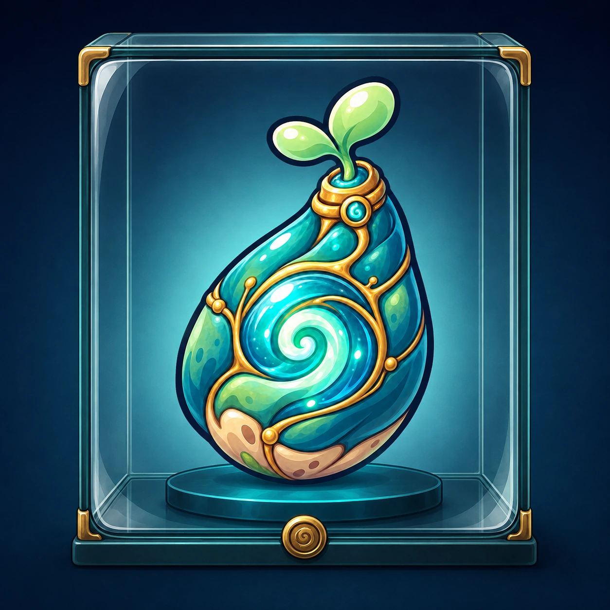 A glowing Taboshi seed with a green sprout inside a glass case